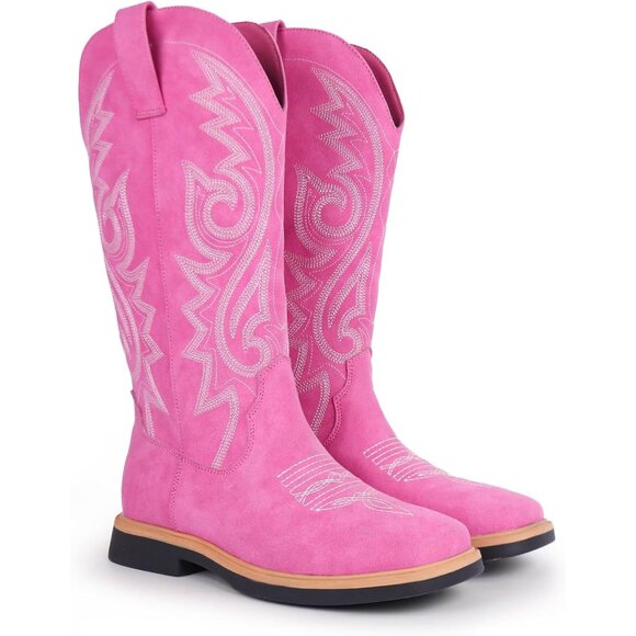 Women's Fuchsia Embroidered Square Toe Side Zipper Western Mid Calf Dress Boots - Picture 5 of 6